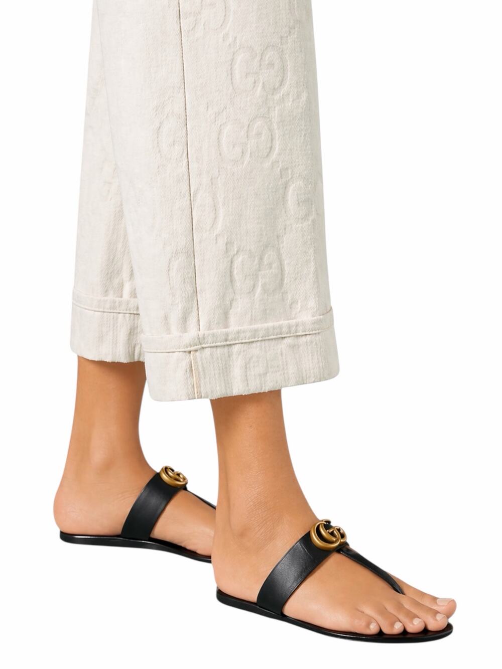 Gucci Black Leather Thong Sandal Gold Double G Logo Size 37